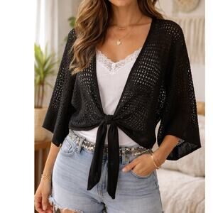 Black Crochet Size M/L Tie Front Shrug Sheer Boho Festival Layering Top